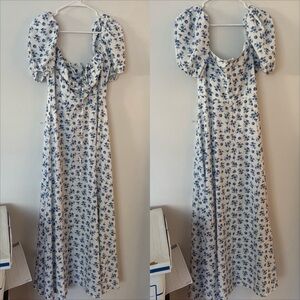 white & blue floral puff sleeve tie front side slit flowy princess maxi dress💙